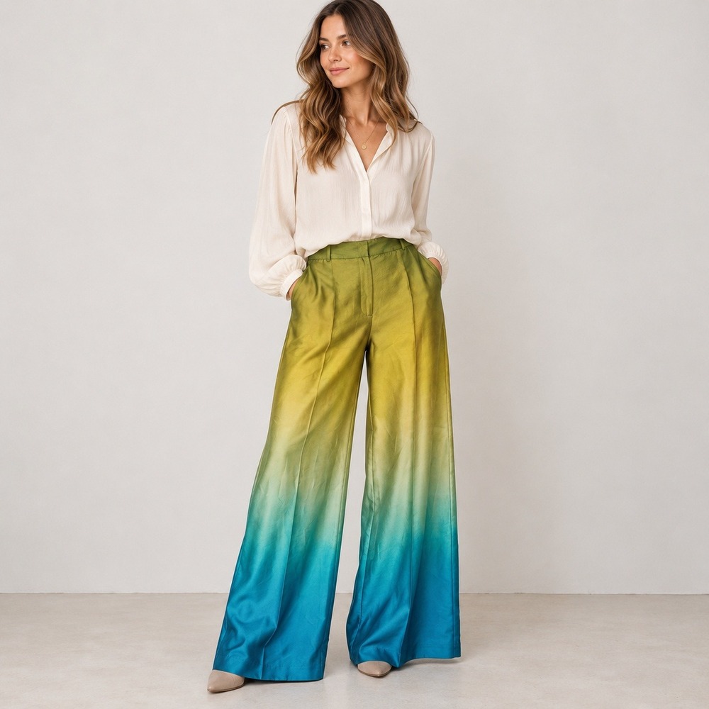 Zara Green Teal Ombre Satin Wide Leg Pants Artistic Maximalist M